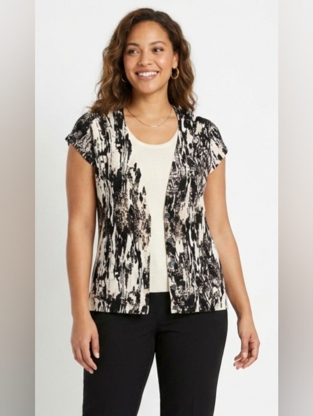 Kasper Abstract Button-Front Vest Cardigan Cream and Black M